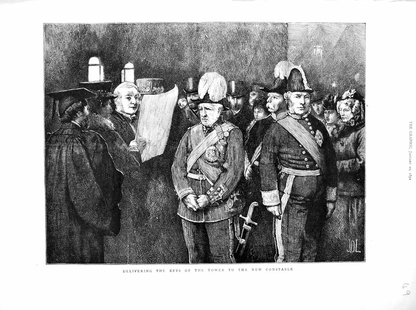 Original Old Antique Print 1872 Delivering Keys Tower London New Constable Art