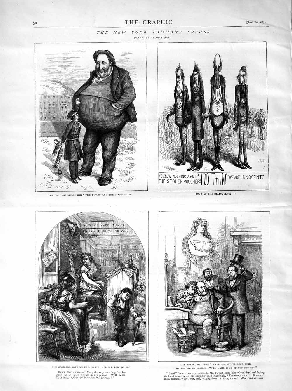 Original Old Antique Print 1872 New York Tammany Frauds Columbia Public School