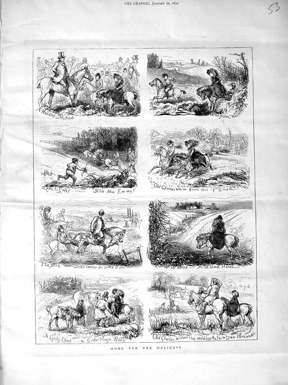 Original Old Antique Print 1872 Country Holidays Horses Hunting Sport Jumping