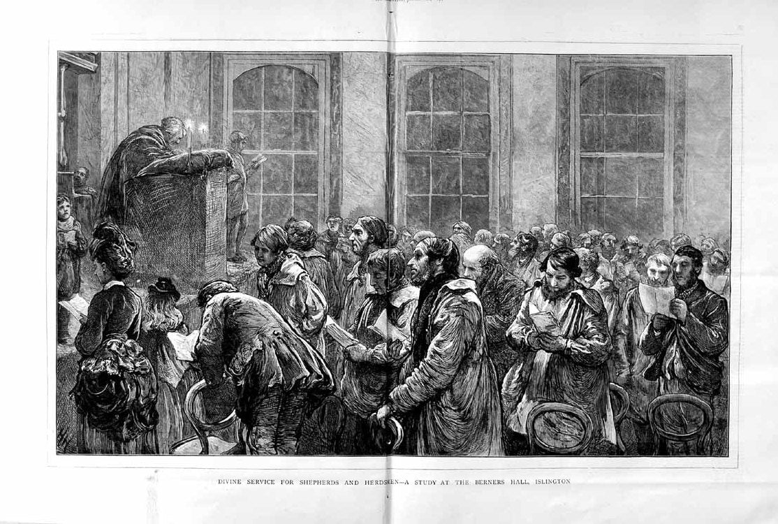 Old Antique Print 1872 Berners Hall Islington Shepherds Herdsmen Farming 0 19th