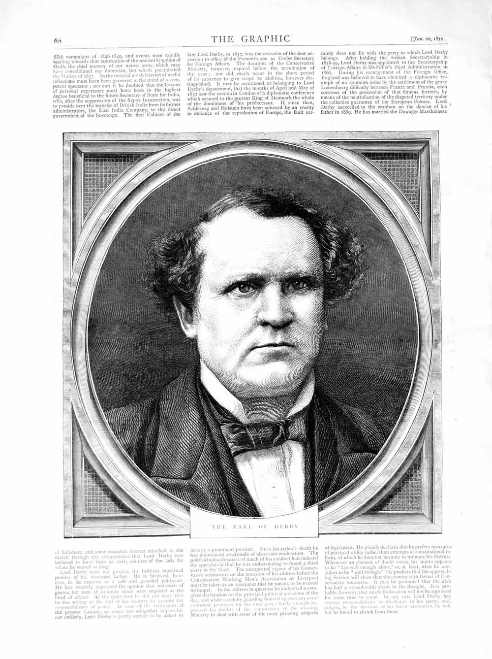 Original Old Antique Print 1872 Portrait Earl Derby Man 19th Century