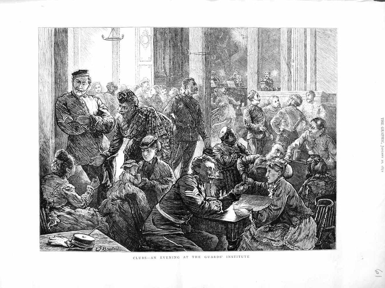 Original Old Antique Print 1872 Clubs Guards Institute Men Women Siers 19th