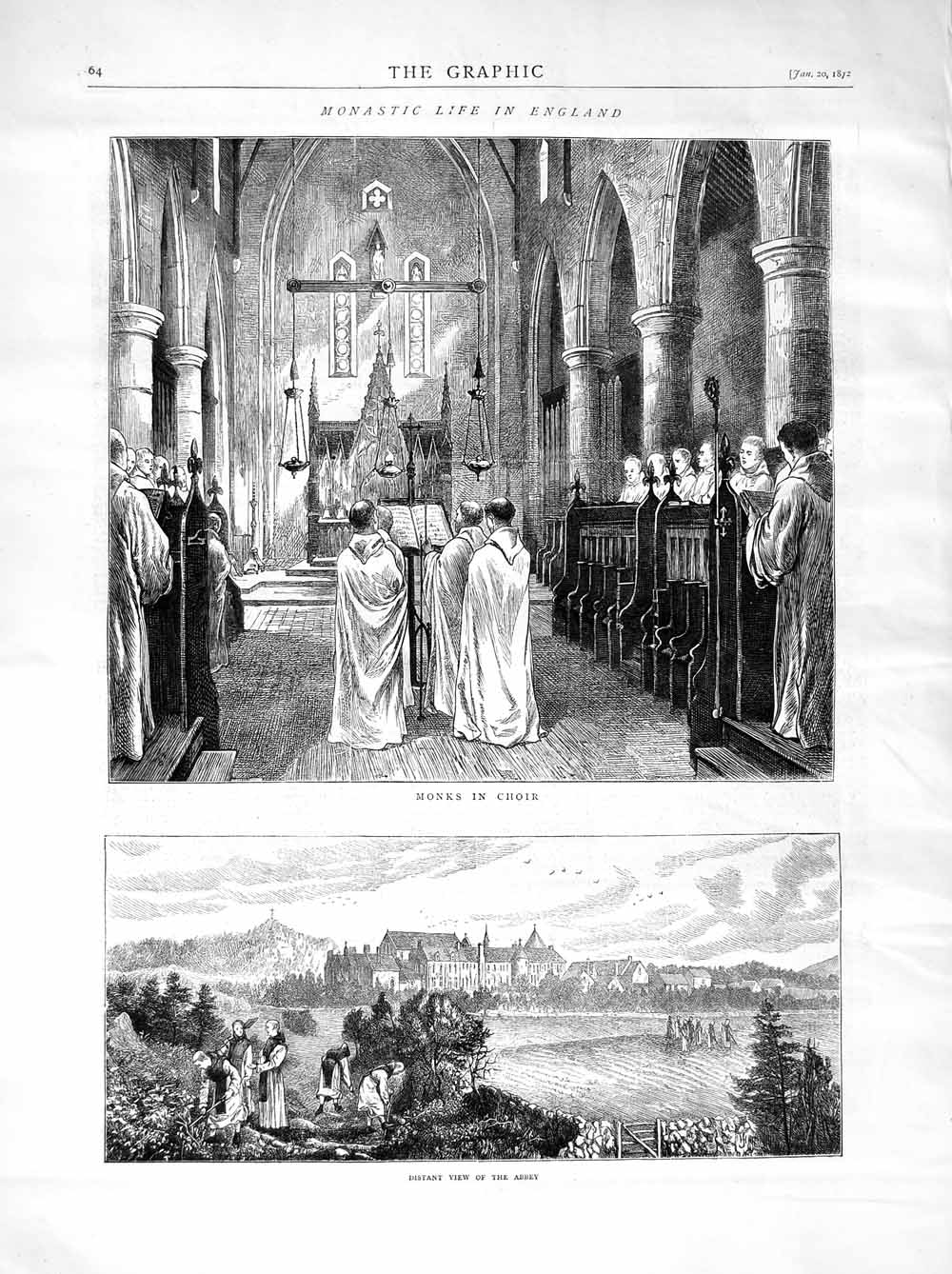 Original Old Antique Print 1872 Monstery Life England Monks Choir Abbey Church