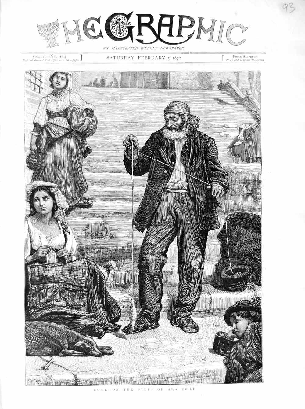 Original Old Antique Print 1872 Rome Italy Steps Ara Coeli Performers Street