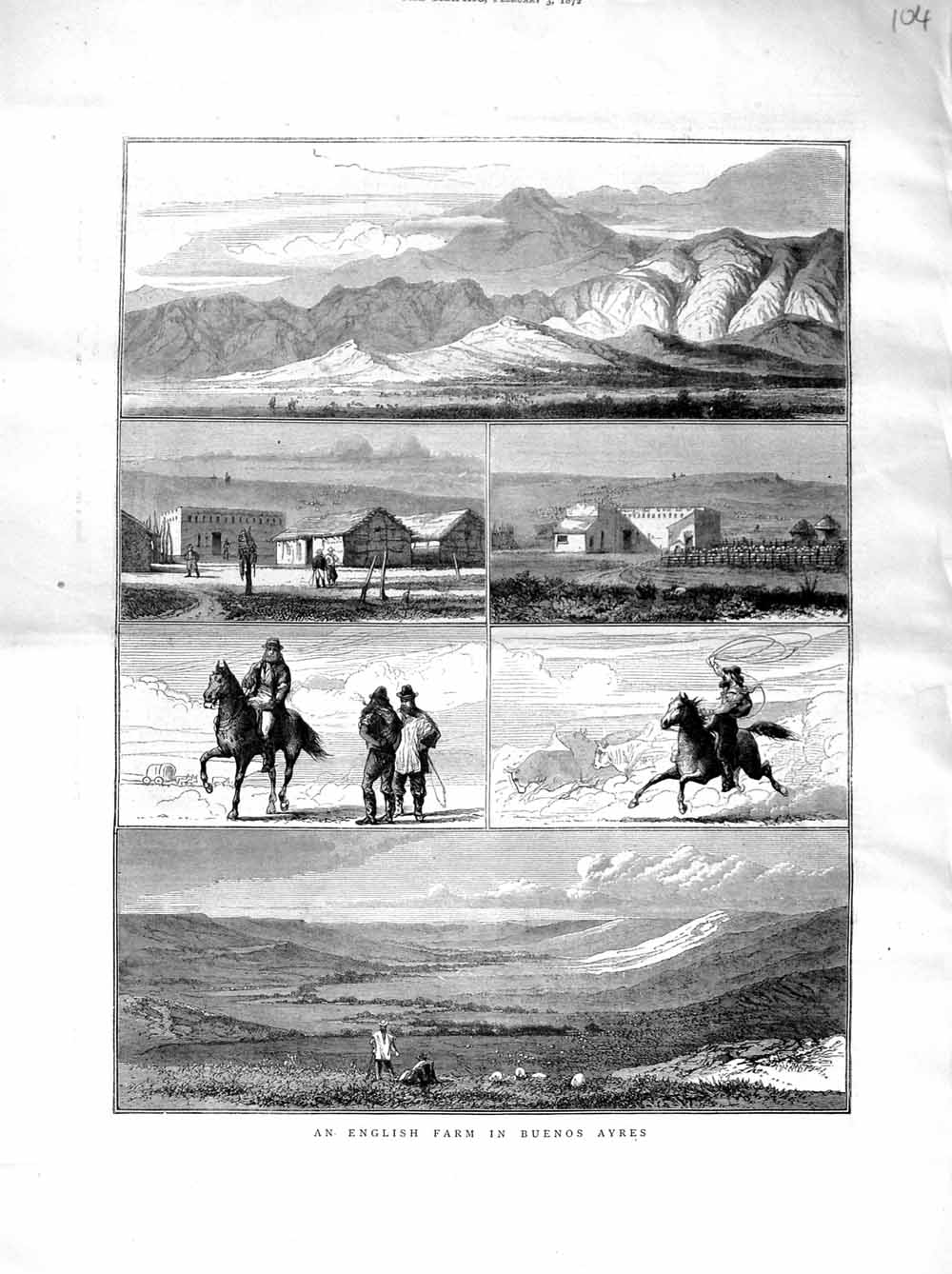 Old Antique Print 1872 English Farm Buenos Ayres Mountains South America 19th