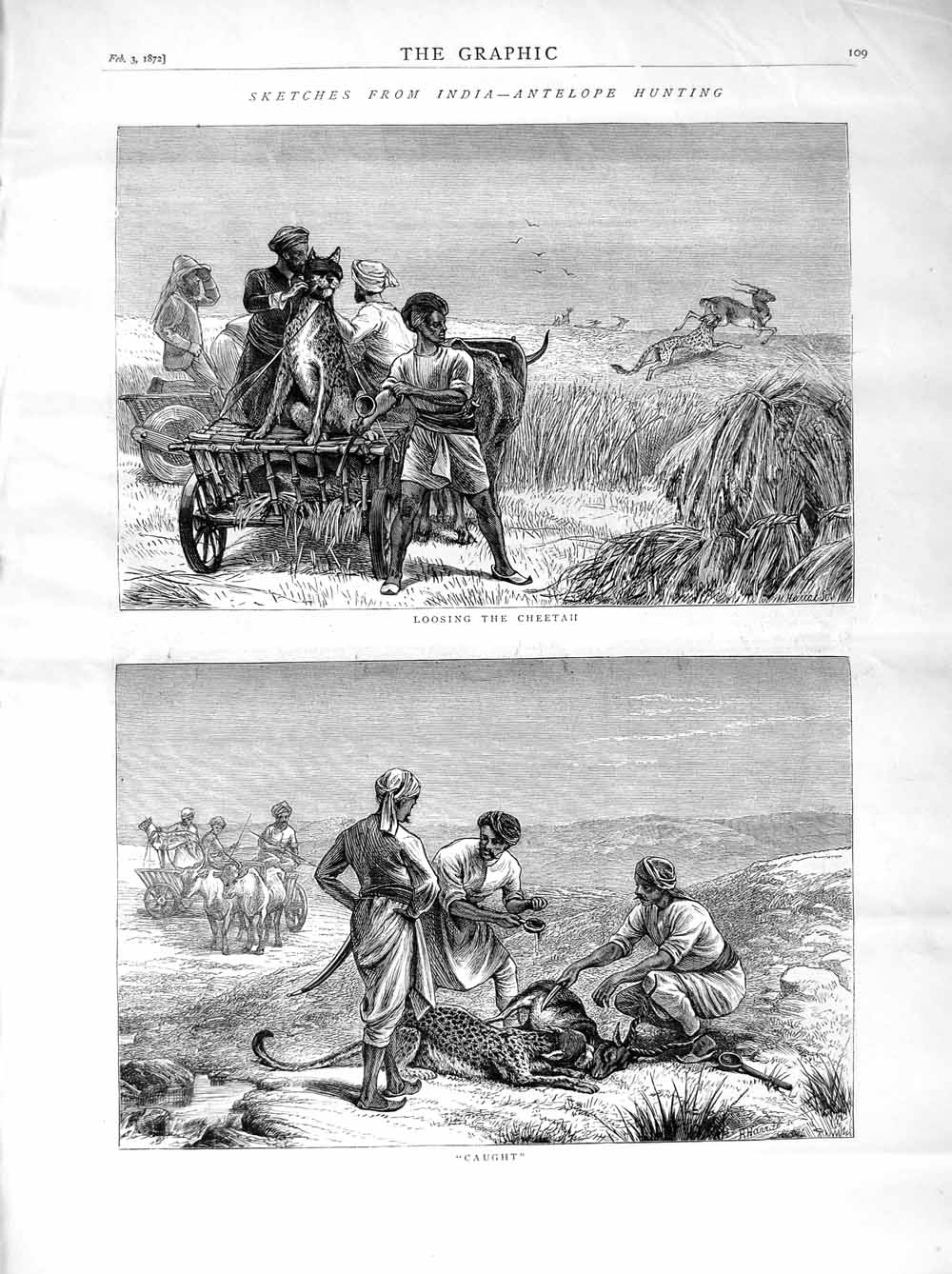 Original Old Antique Print 1872 India Antelope Hunting Sport Cheetah Country