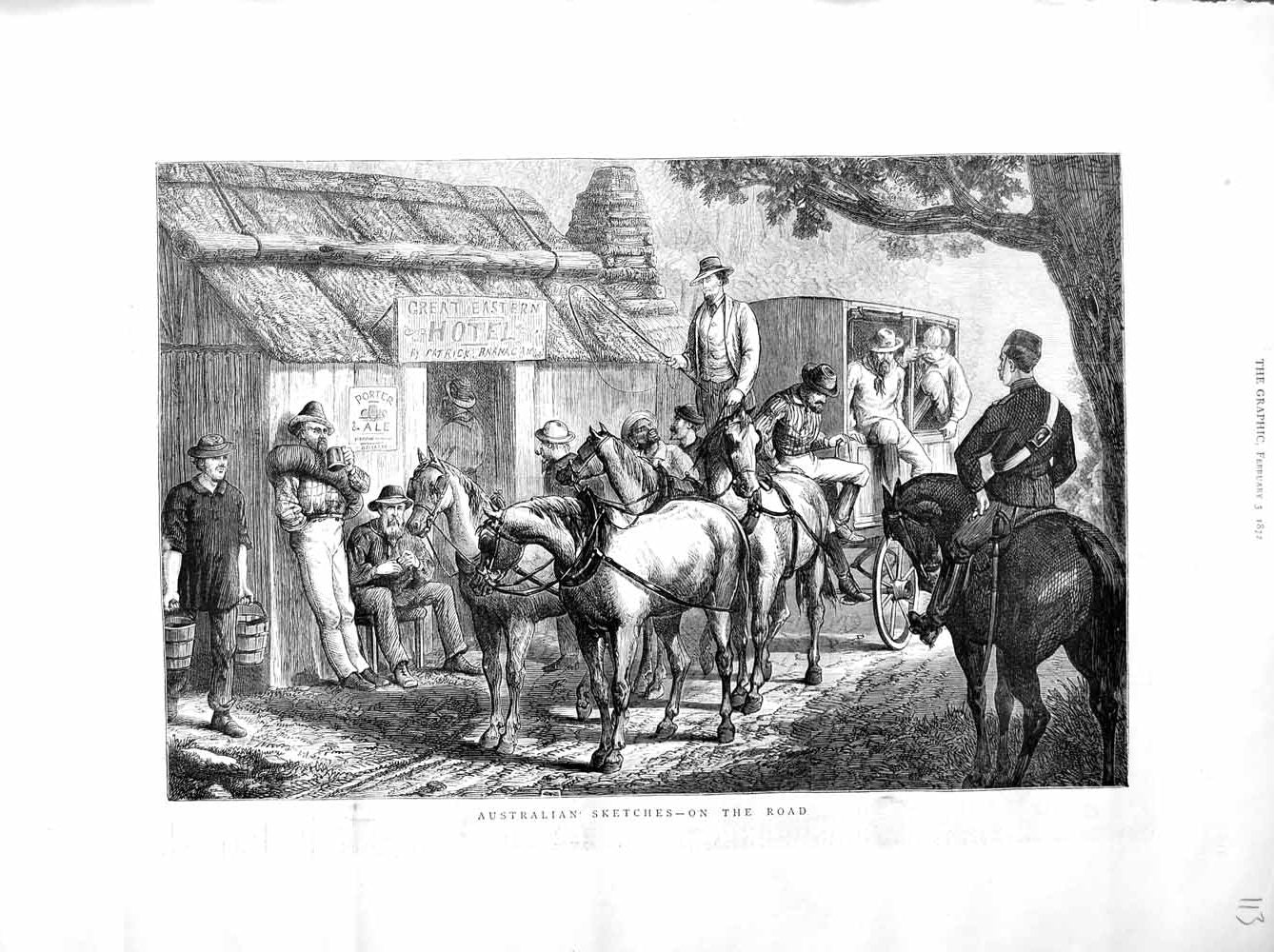 Old Antique Print 1872 Australia Transport Horses Carriage Hotel Branagan 19th