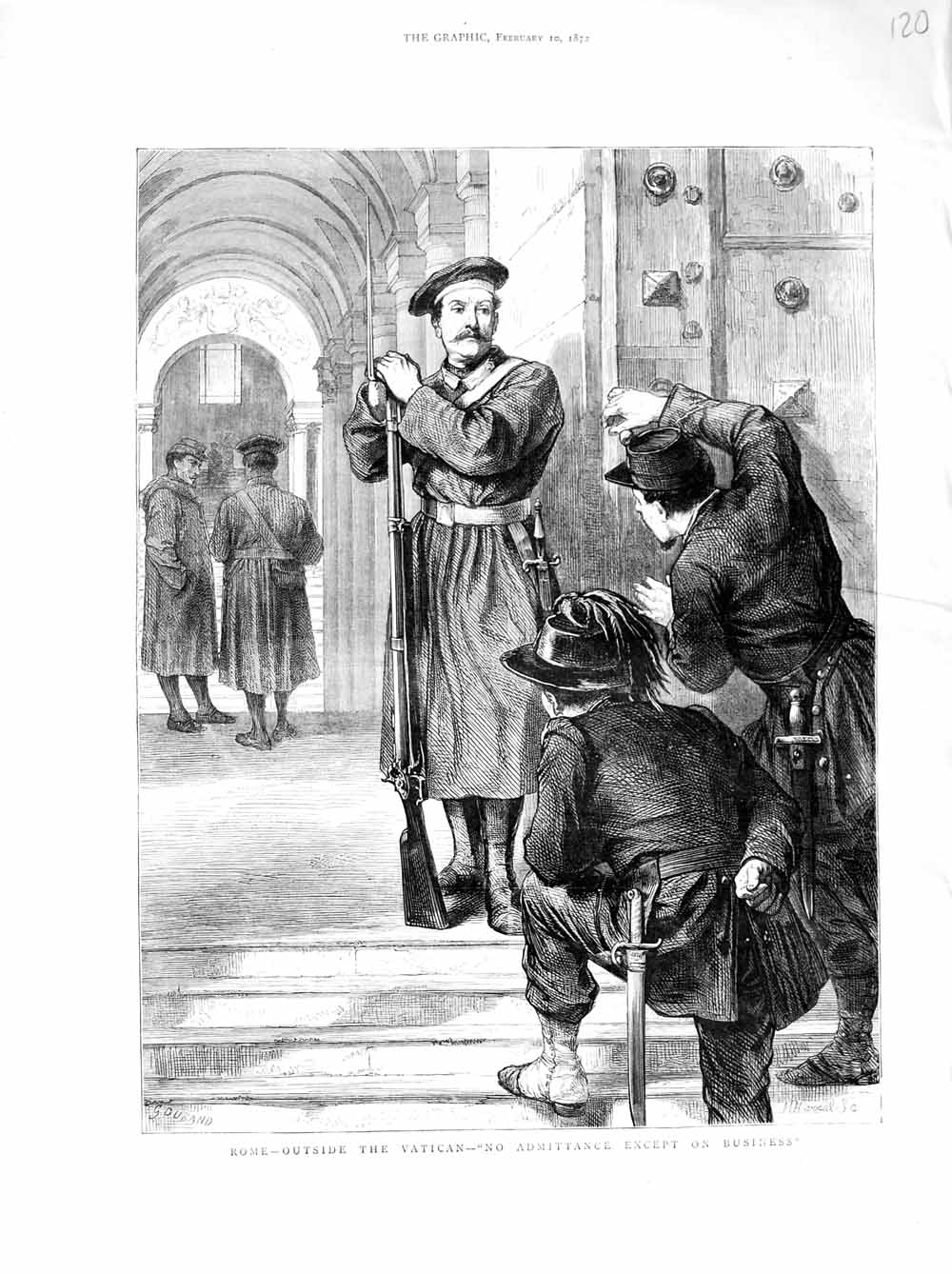 Original Old Antique Print 1872 Rome Italy Vatican Pope Guards Weapons 19th