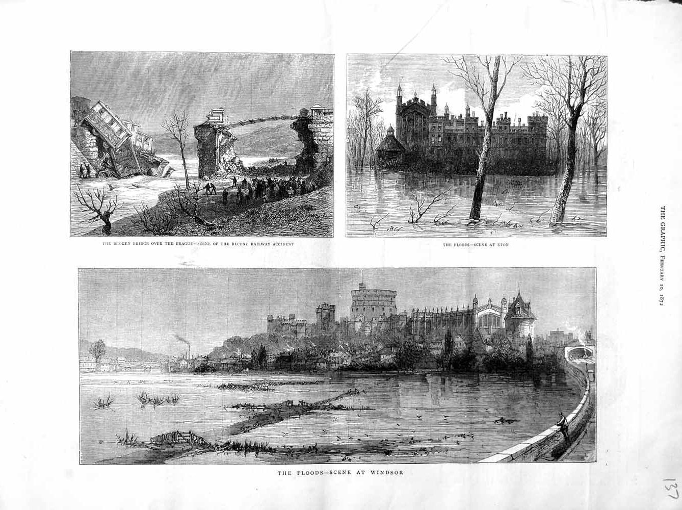Original Old Antique Print 1872 Floods London Windsor Castle Brague Eton School