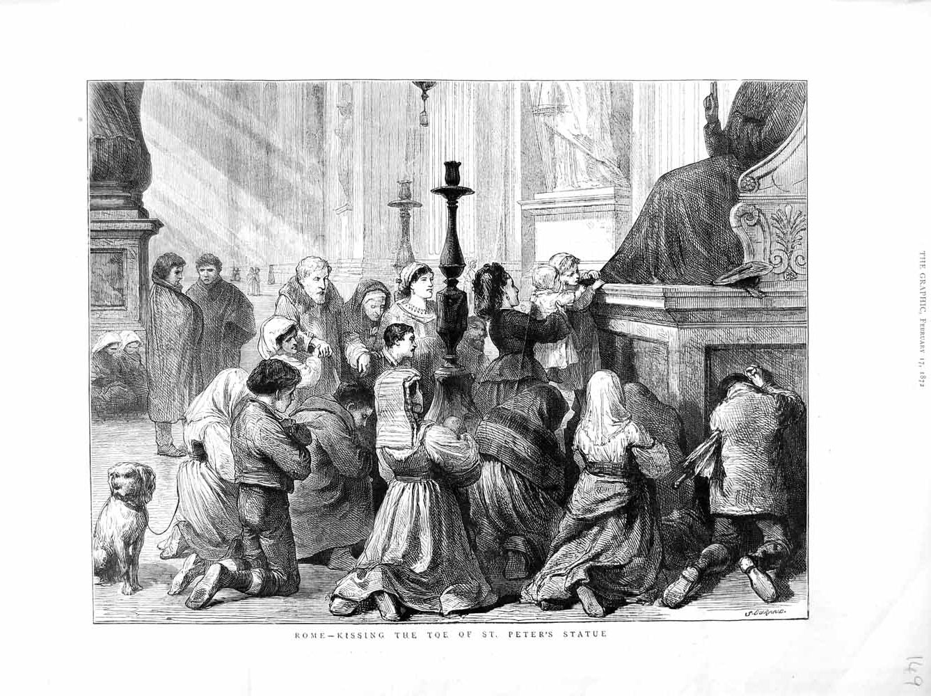 Old Antique Print 1872 Rome Italy Kissing Toe St. Peter'S Statue People 19th