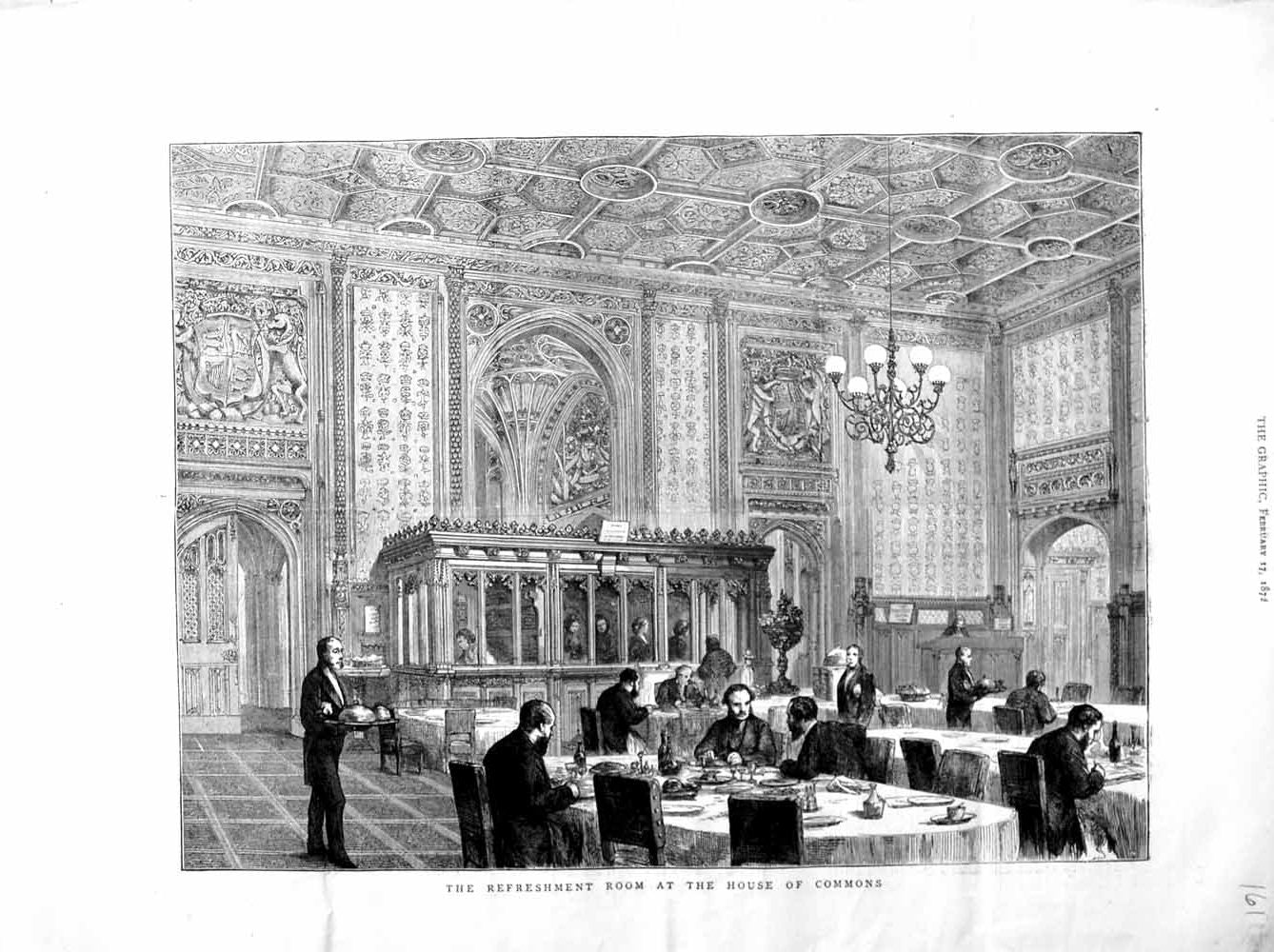 Original Old Antique Print 1872 Refreshment Room House Commons Parliament 19th