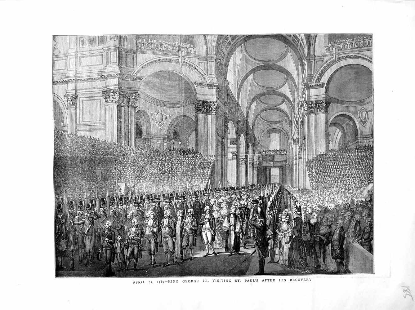 Original Old Antique Print 1872 King George Iii Visiting St. Paul'S Cathedral