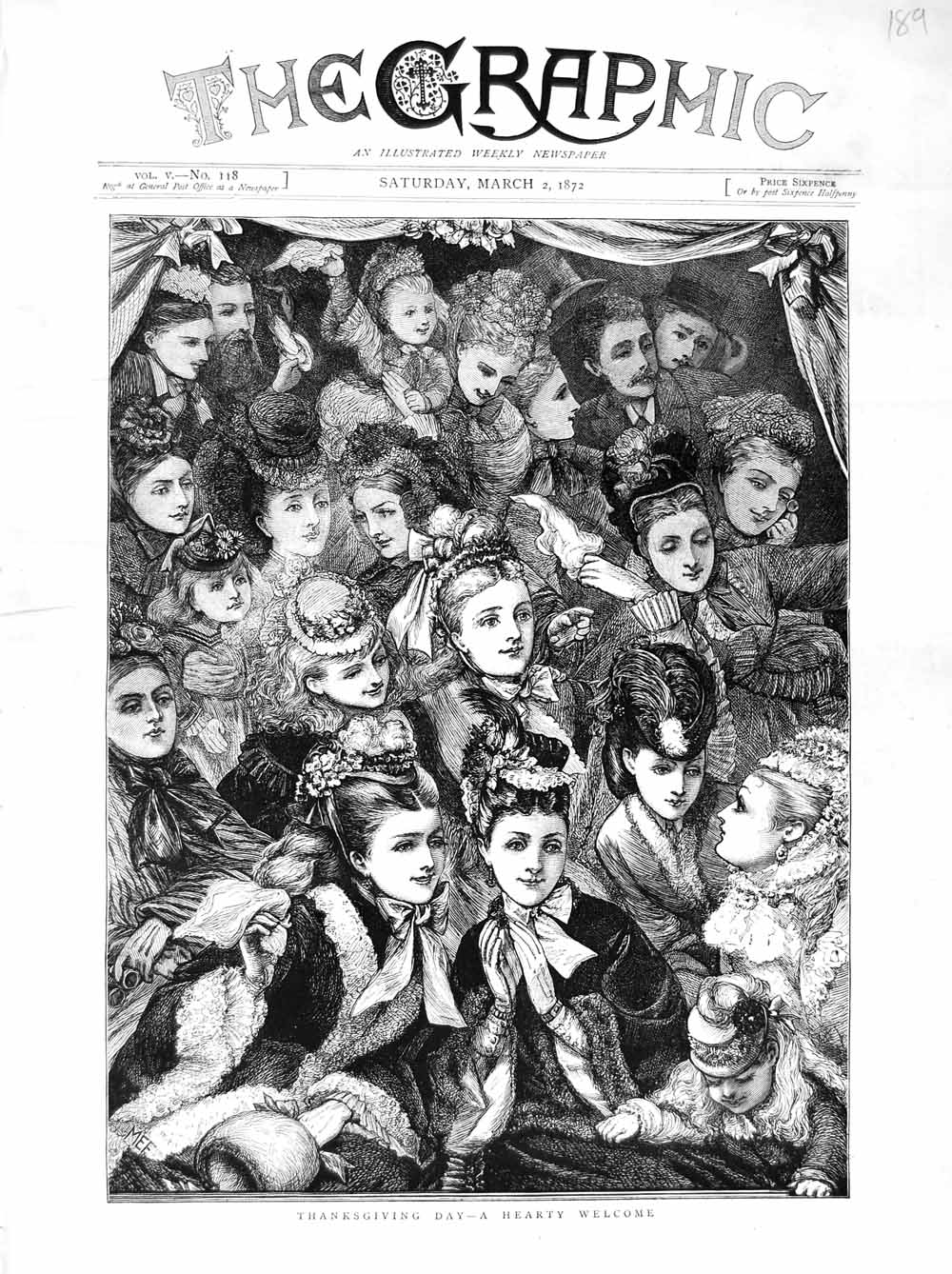 Original Old Antique Print 1872 Thanksgiving Day Welcome People 19th