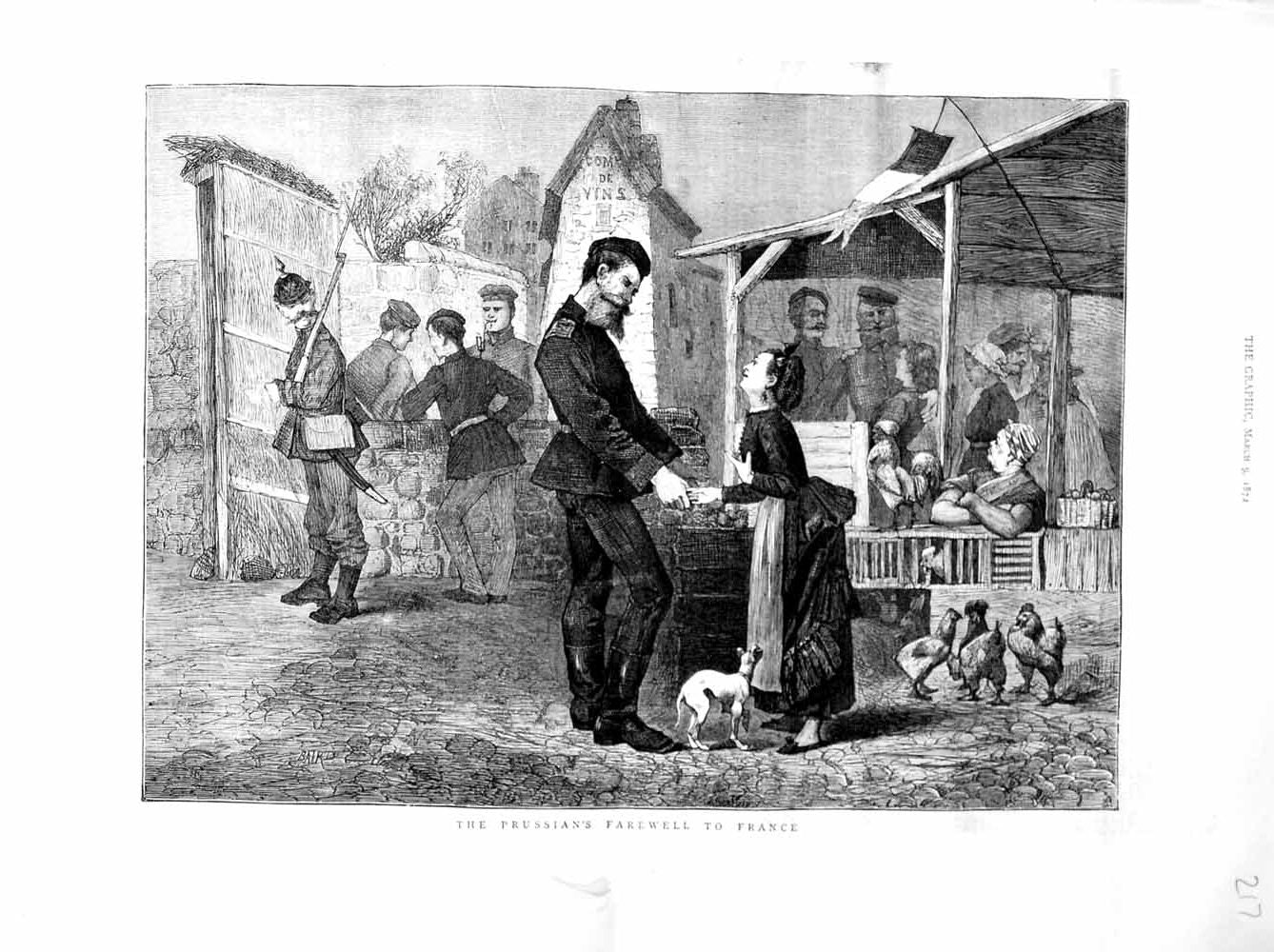 Original Old Antique Print 1872 Scene Prussian Siers Farewell France Chickens