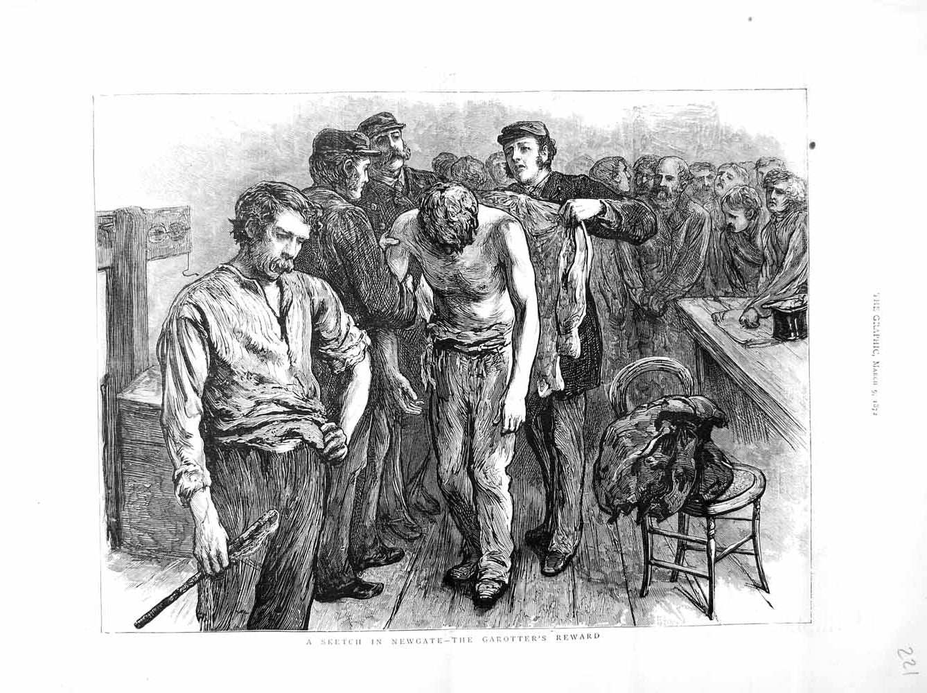Original Old Antique Print 1872 Sketch Newgate Garotter'S Reward 19th