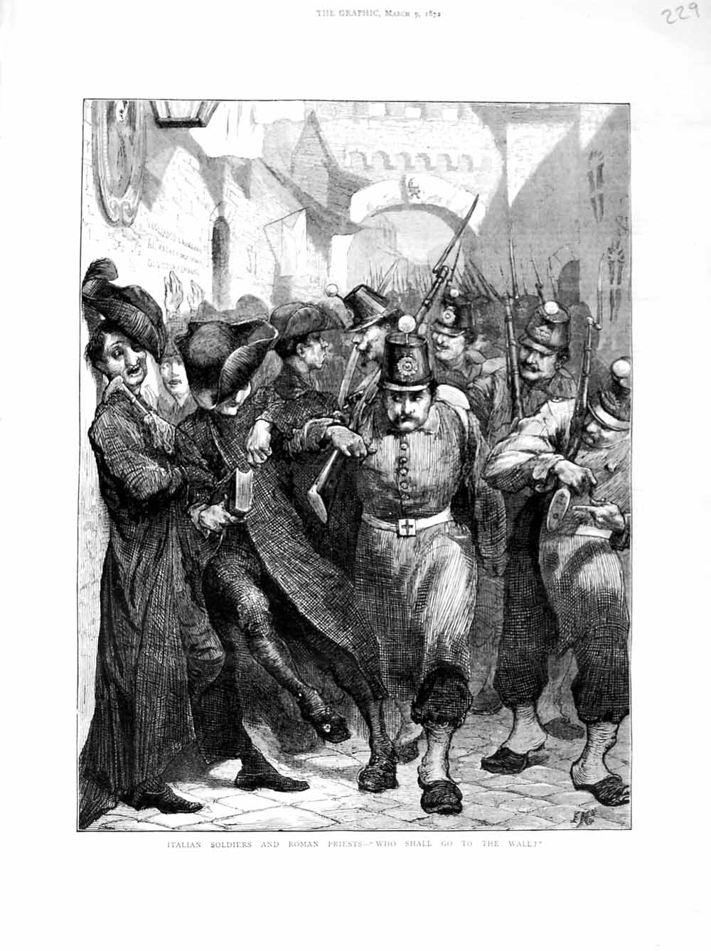 Original Old Antique Print 1872 Italy Siers Roman Priests Street Scene 19th