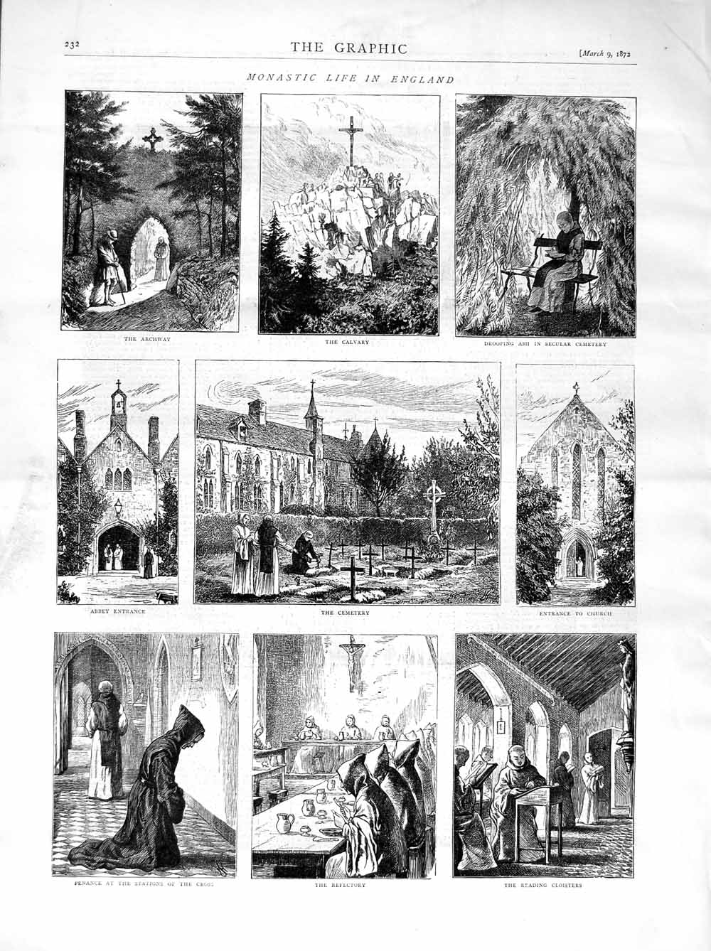 Original Old Antique Print 1872 Monastery Life England Cemetery Church Cloister