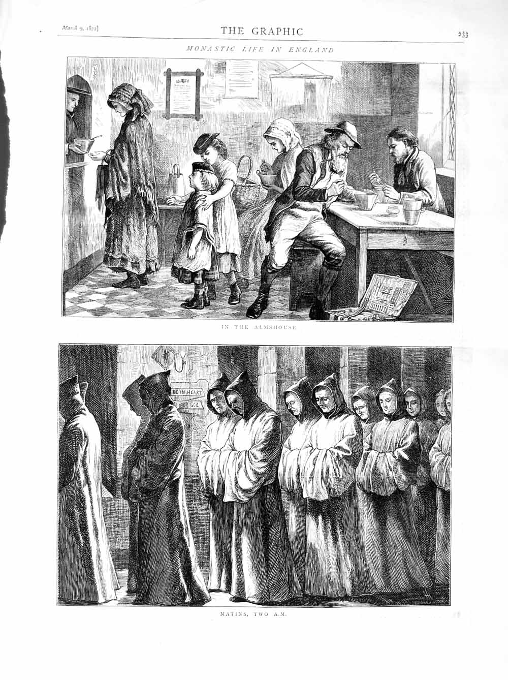 Original Old Antique Print 1872 Monastery Life England Almshouse Matins Men