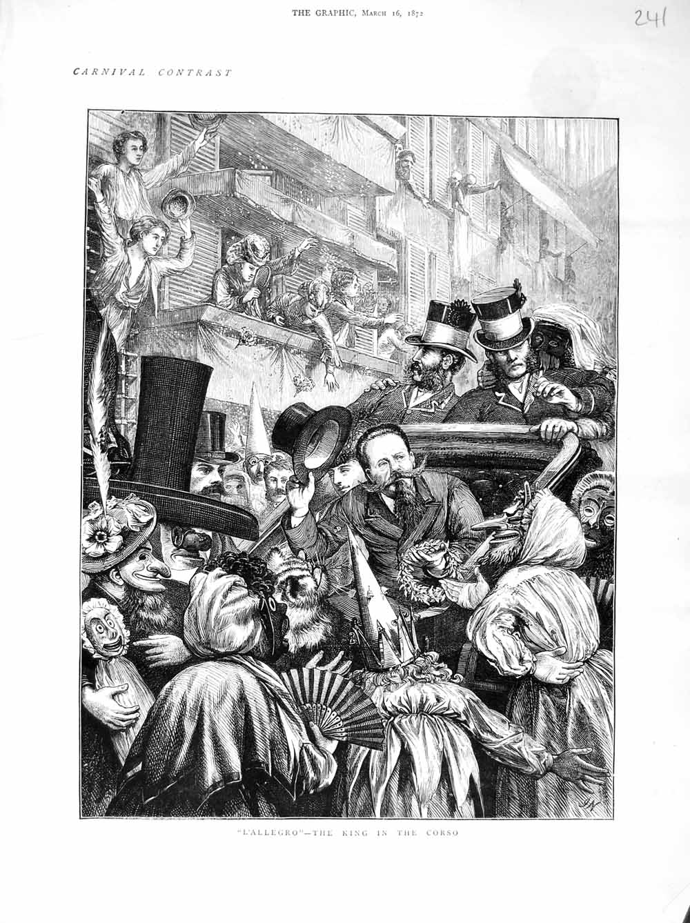 Original Old Antique Print 1872 King Corso L'Allegro Carriage Street Scene 19th