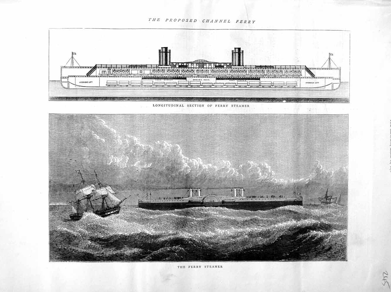 Old Antique Print 1872 Ferry Steamer Channel Longitudinal Section Diagram 19th