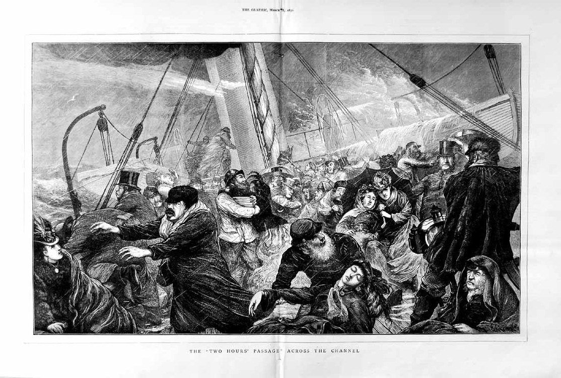Old Antique Print 1872 Passengers English Channel Ferry Transport Boat 19th