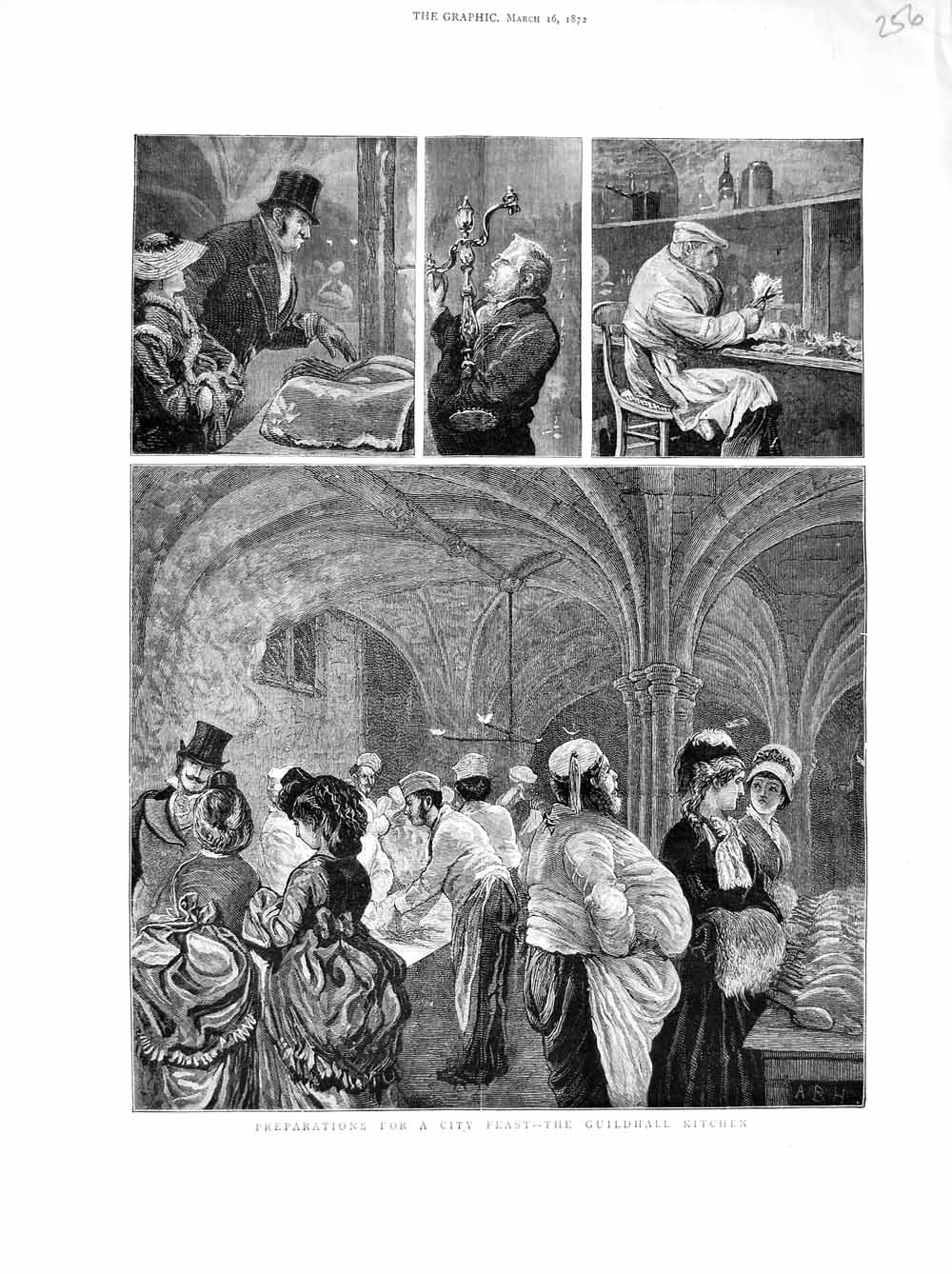 Original Old Antique Print 1872 Guildhall Kitchens London Feast Cooks Waitress