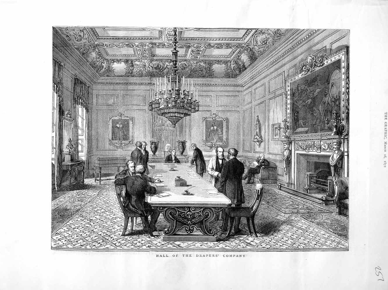 Old Antique Print 1872 Interior Hall Drapers Company Men Chandelier Table 19th