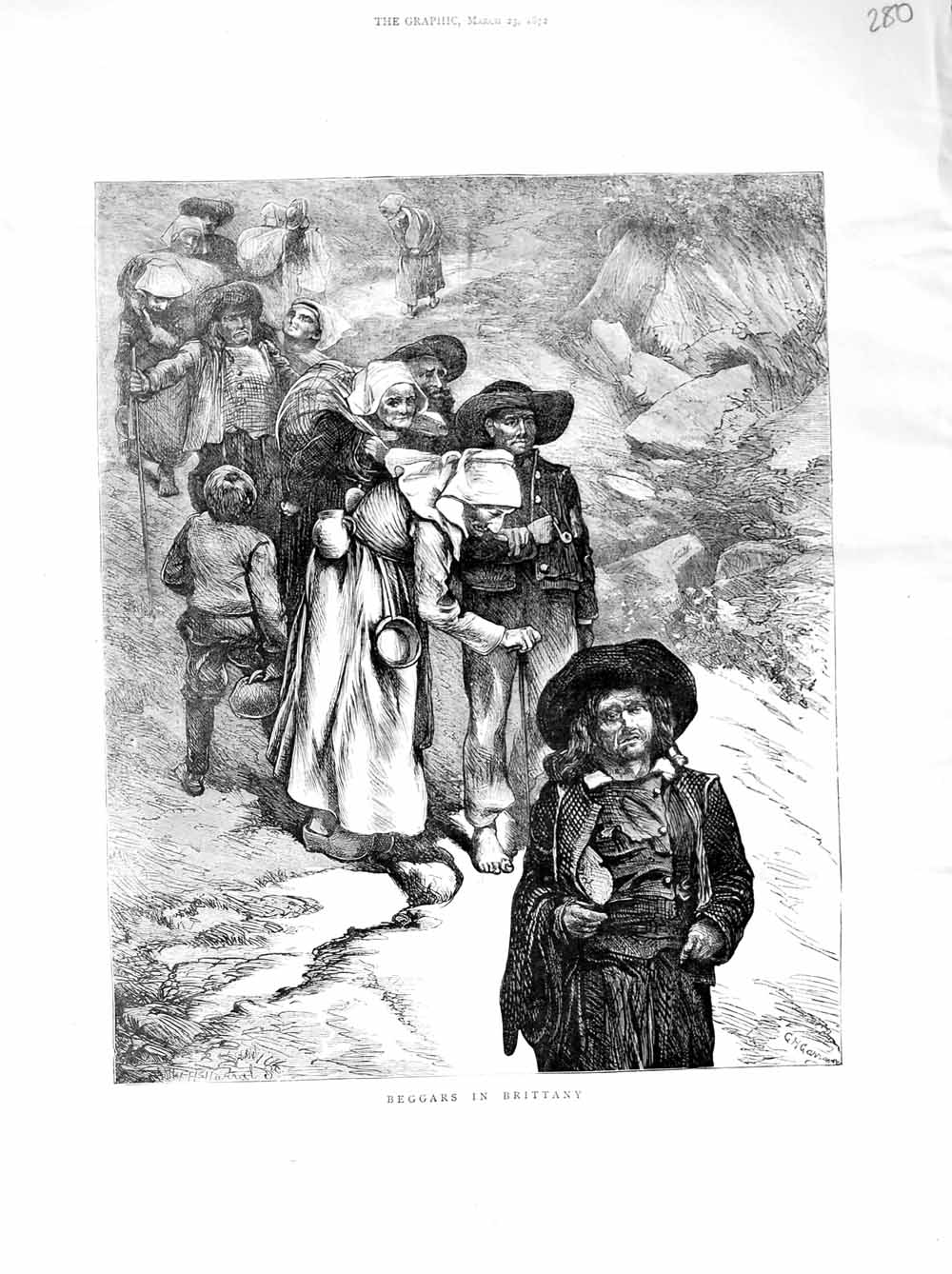 Original Old Antique Print 1872 Scene Beggars Brittany France Poor People 19th