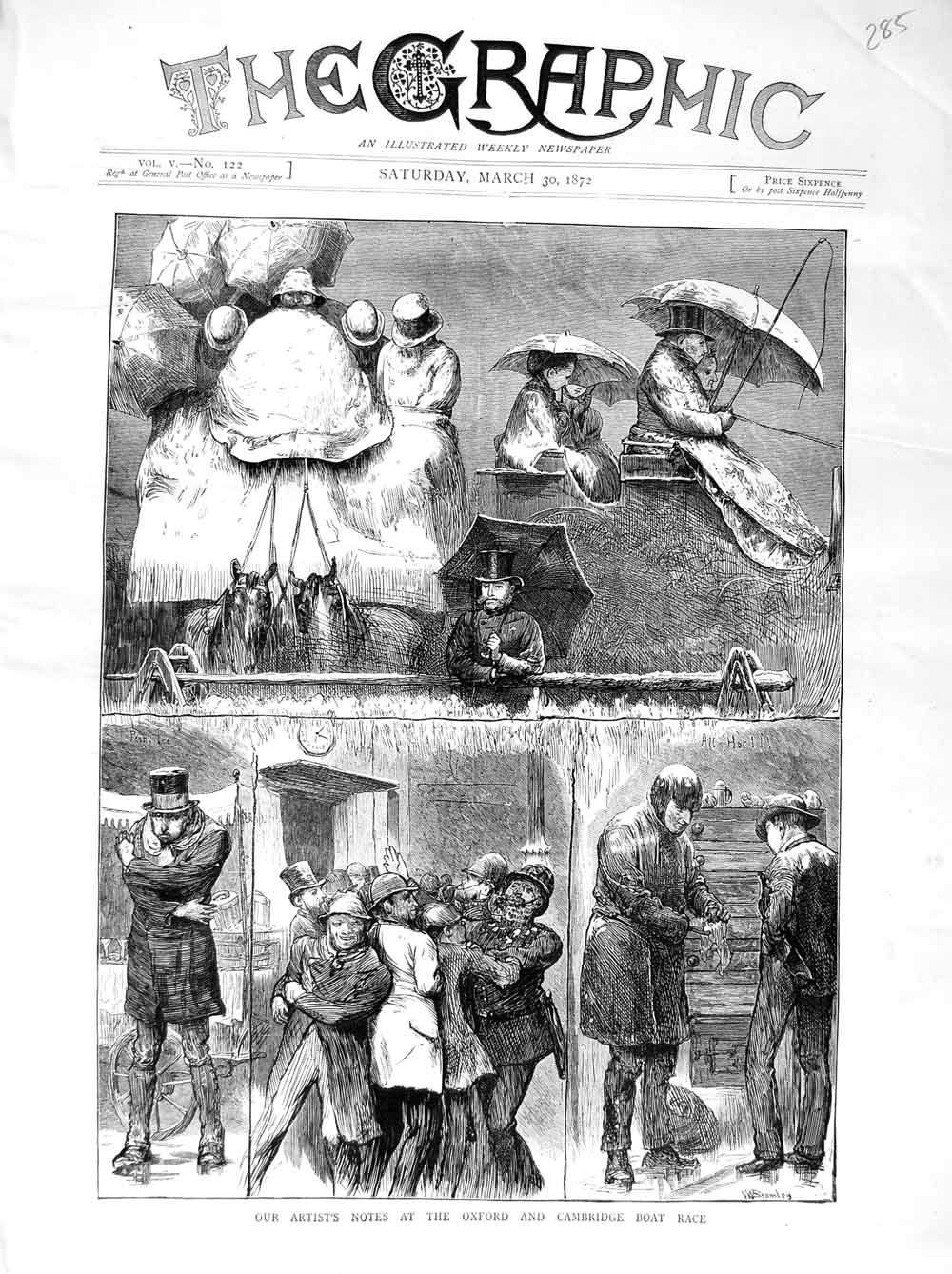 Original Old Antique Print 1872 Oxford Cambridge Boat Race Sport Police Snow