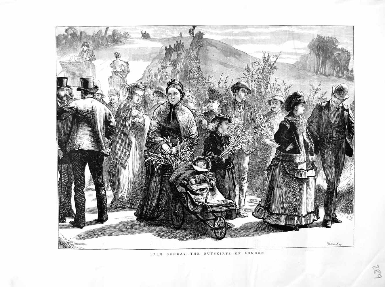 Original Old Antique Print 1872 Palm Sunday London People Children Flowers 19th