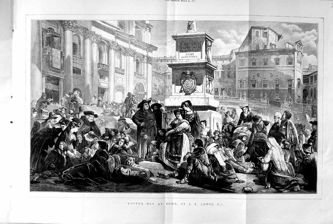 Old Antique Print 1872 Easter Day Rome Italy People Street Scene Lewis 19th