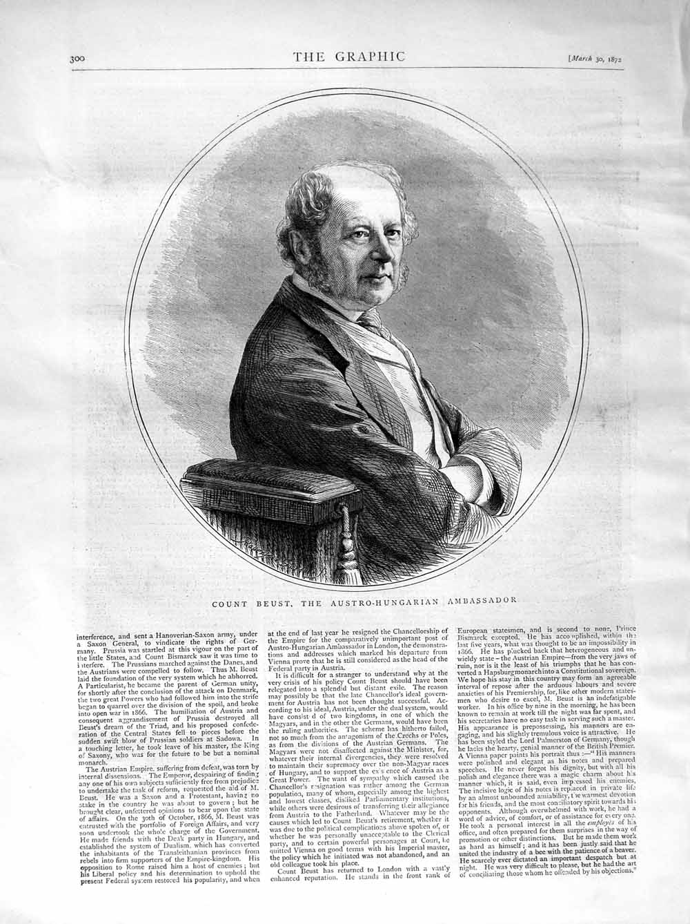 Old Antique Print 1872 Count Beust. Austro-Hungarian Ambassador Portrait 19th