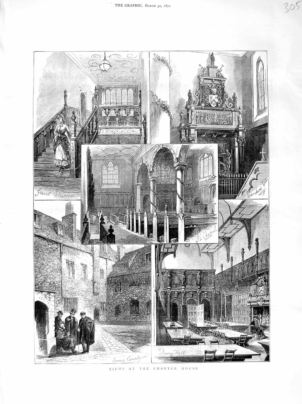 Old Antique Print 1872 Views Charter House Chapel Courtyard Dining Hall 19th