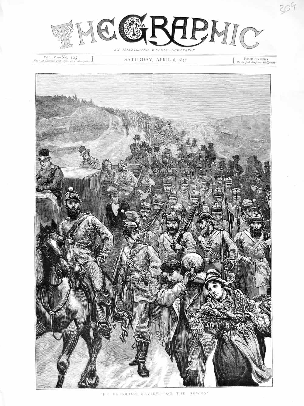 Original Old Antique Print 1872 Brighton Review Siers Weapons Horses Victorian