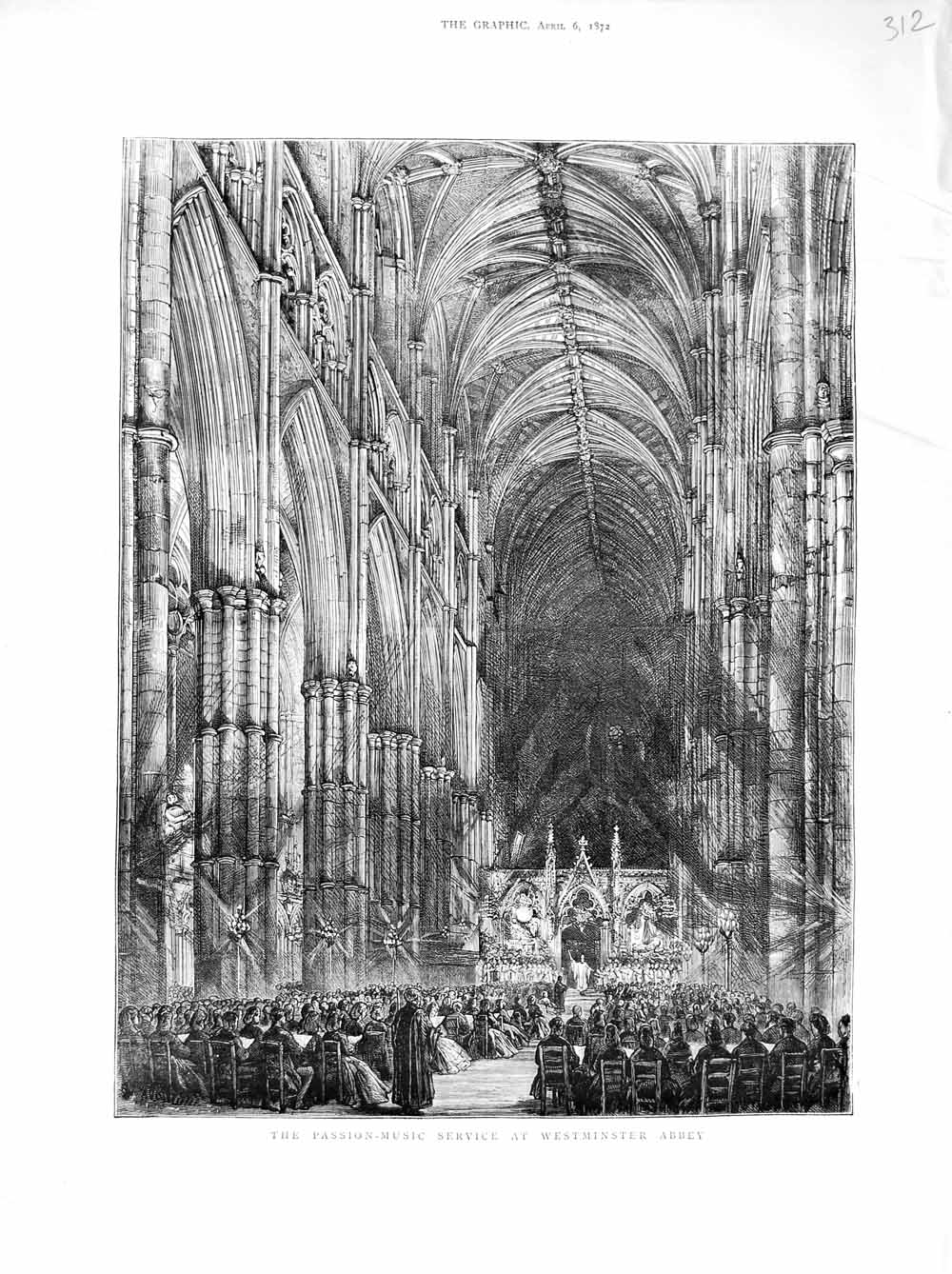 Original Old Antique Print 1872 Passion-Music Service Westminster Abbey London