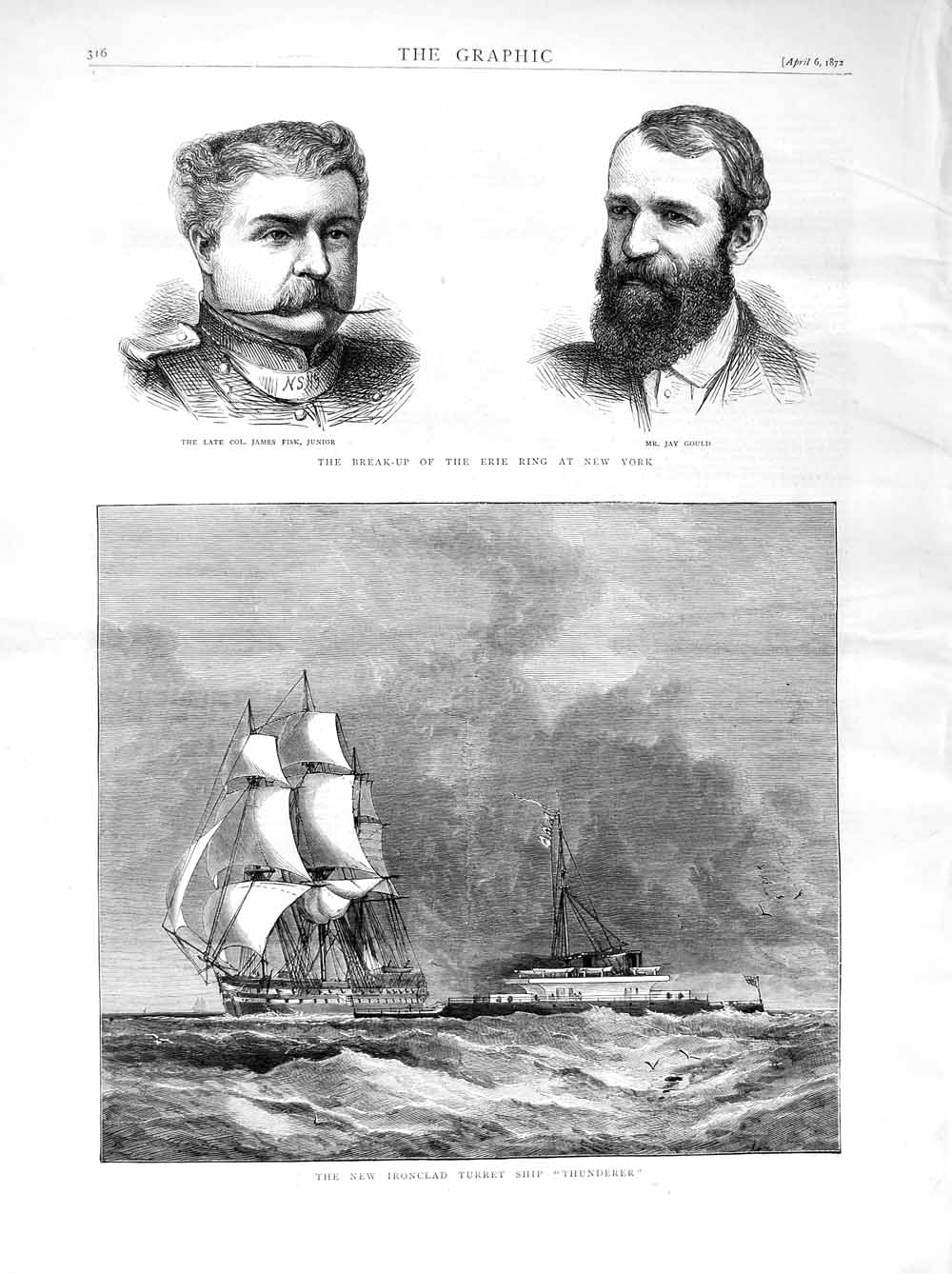 Original Old Antique Print 1872 Ironclad Turret Ship Thunderer James Fisk Gould