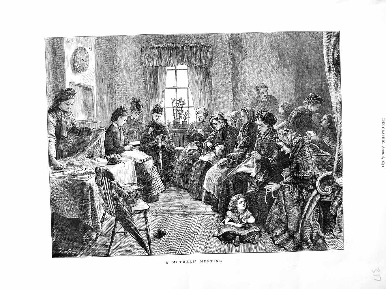 Original Old Antique Print 1872 Sketch Mothers Meeting Children Knitting 19th