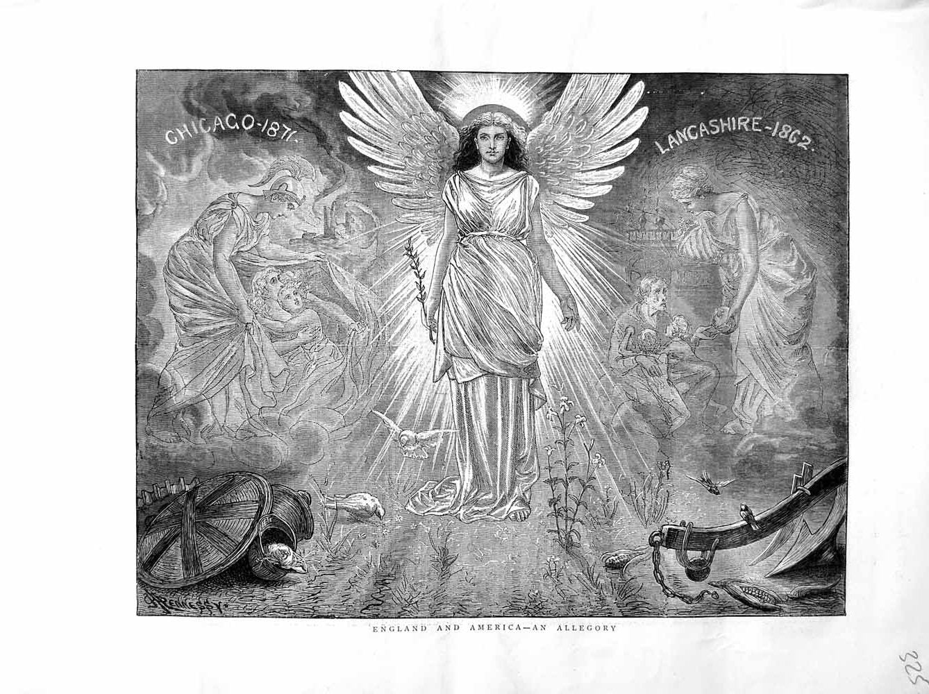 Old Antique Print 1872 Allegory England America Angel Chicago Lancashire 19th