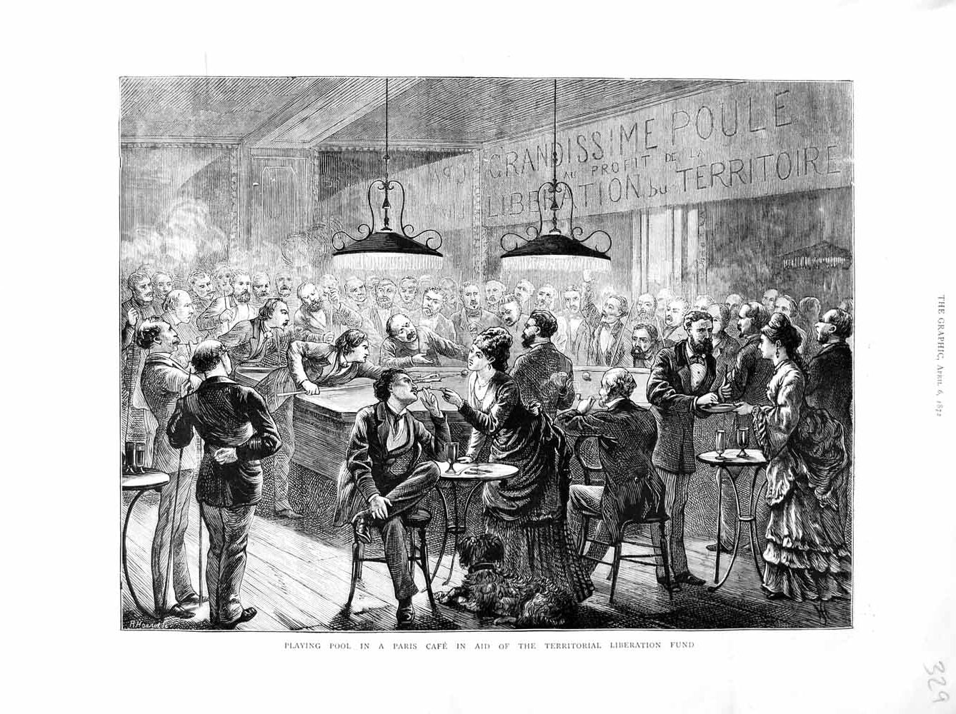 Original Old Antique Print 1872 Playing Pool Paris CafÇ France Territorial Fund