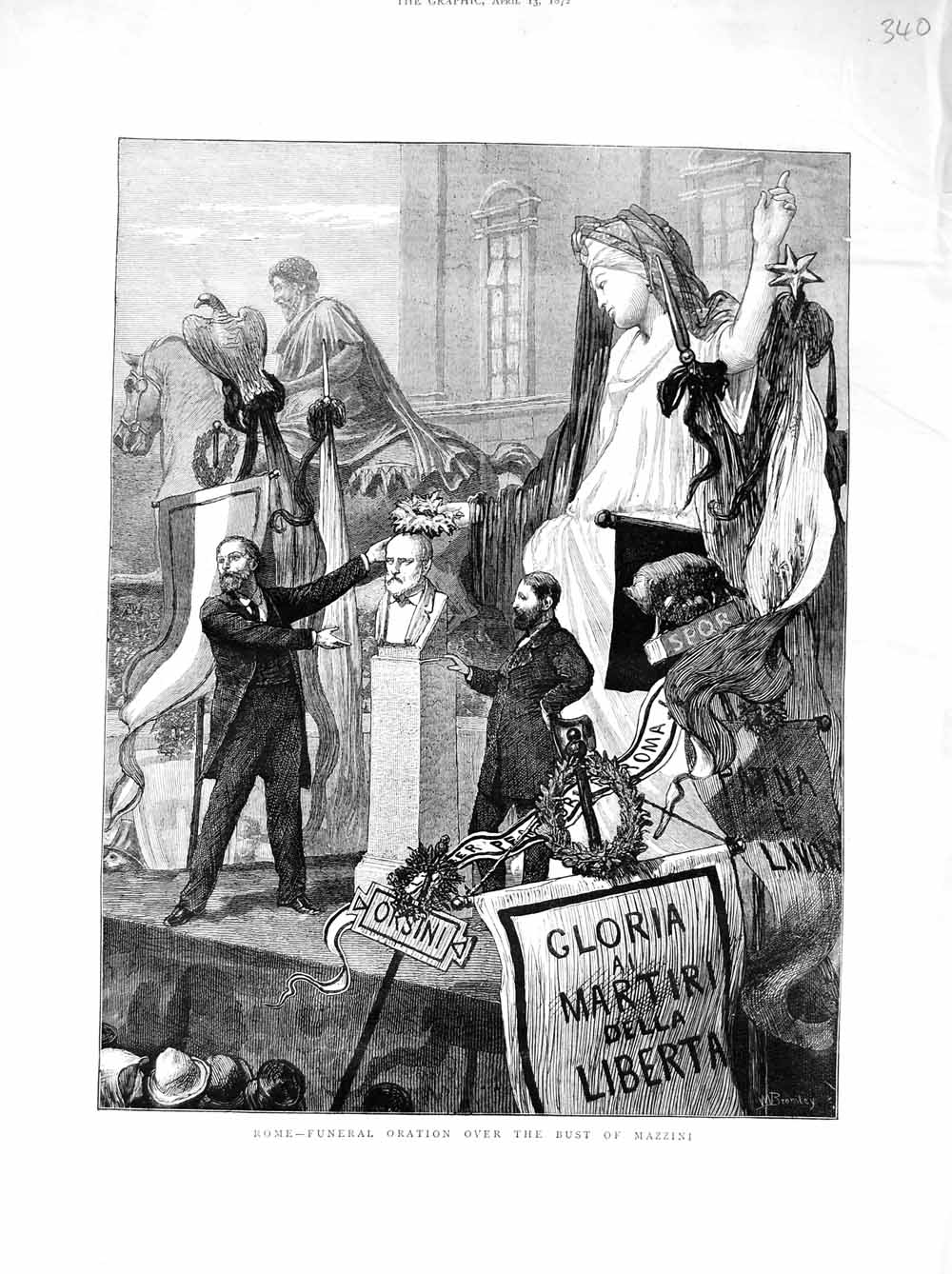 Original Old Antique Print 1872 Rome Italy Funeral Oration Bust Mazzini Statue