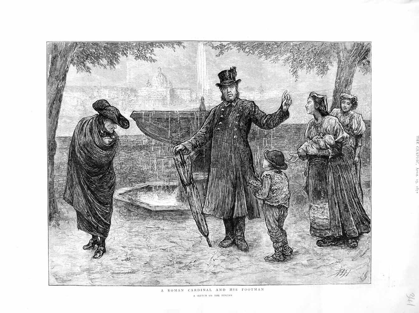Original Old Antique Print 1872 Roman Cardinal Footman Fountain Pincian People