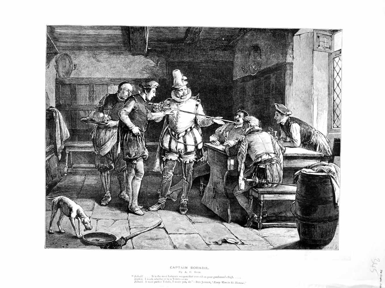 Old Antique Print 1872 Scene Captain Bobadil Sword Dog House Men Fine Art 19th