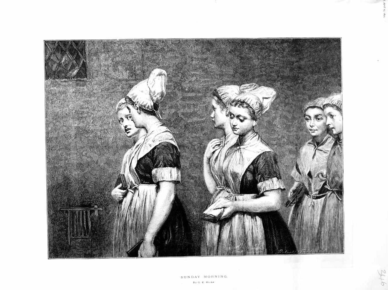 Old Antique Print 1872 Young Girls Sunday Morning Church Bible Hicks Art 19th