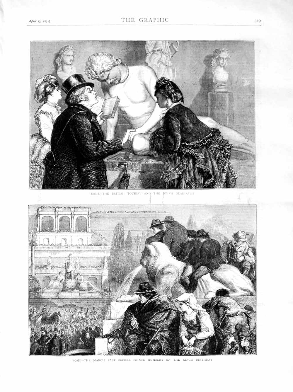 Old Antique Print 1872 Rome Italy Prince Humbert Statue Gladiator Tourist 19th