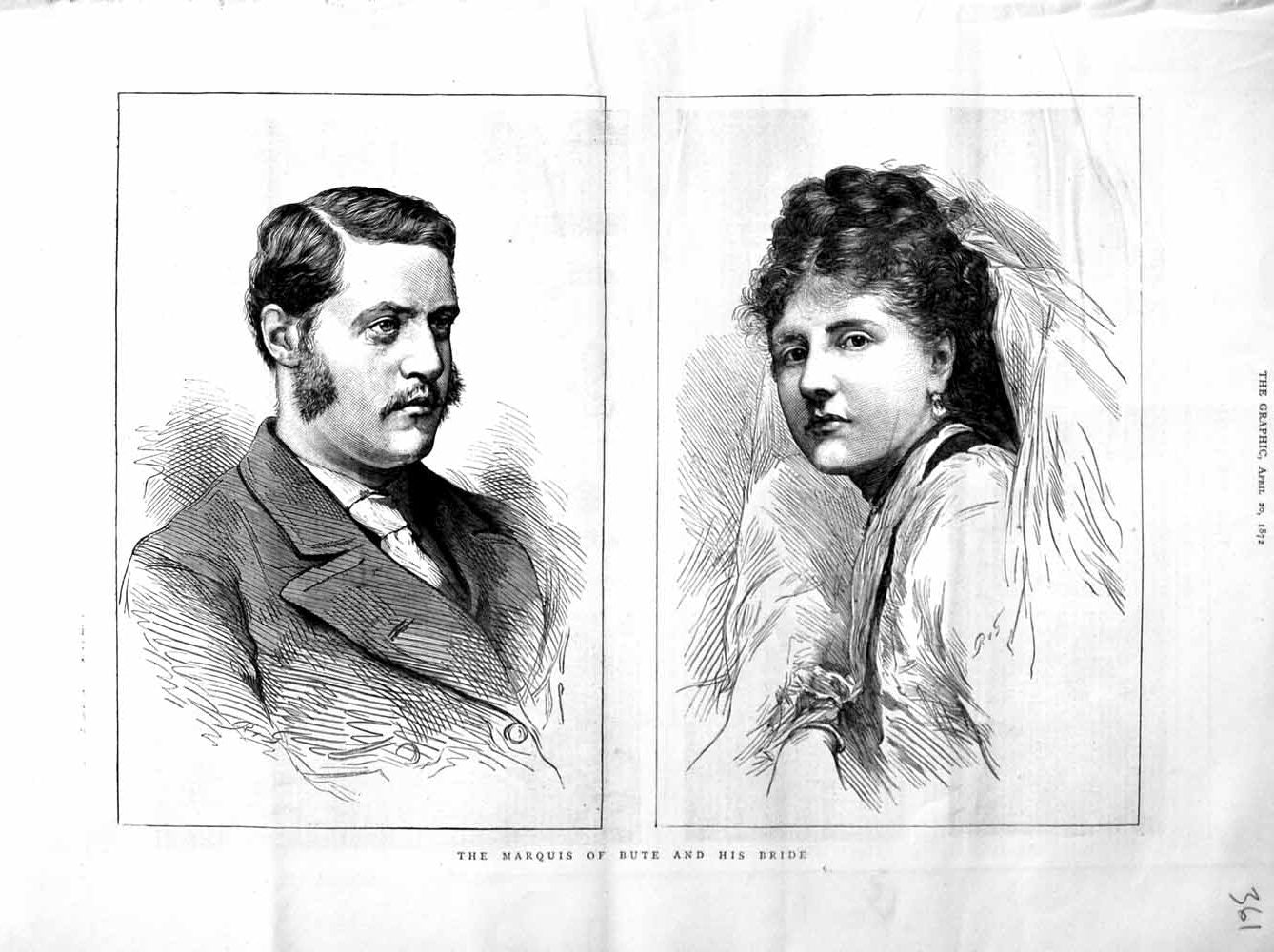 Original Old Antique Print 1872 Maruis Bute Bride Marriage Romance Man Woman
