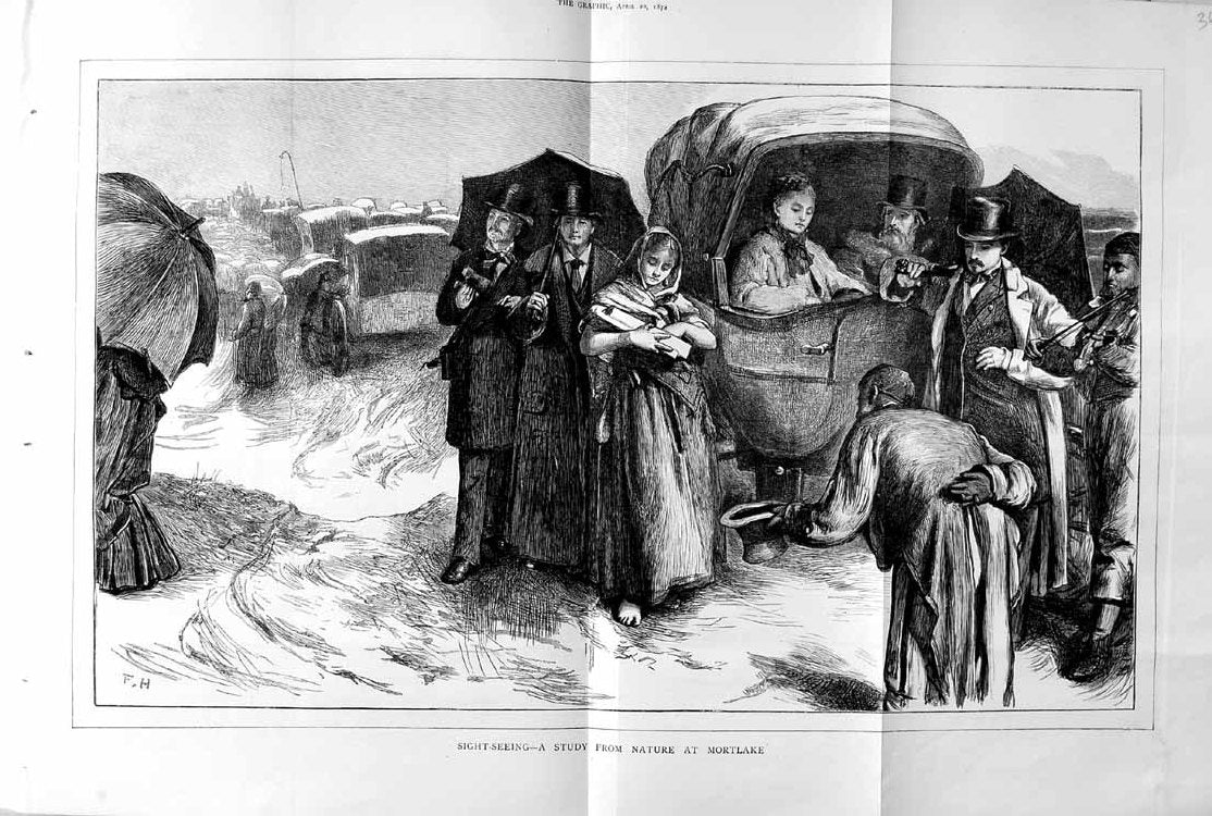 Original Old Antique Print 1872 Mortlake People Begging Rich Poor Waggons 19th