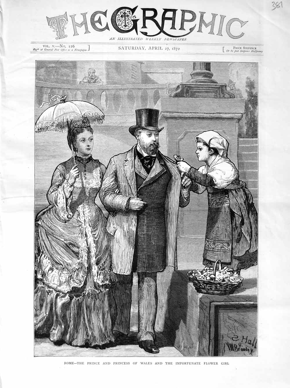 Original Old Antique Print 1872 Rome Italy Prince Wales Flower Girl Fine Art