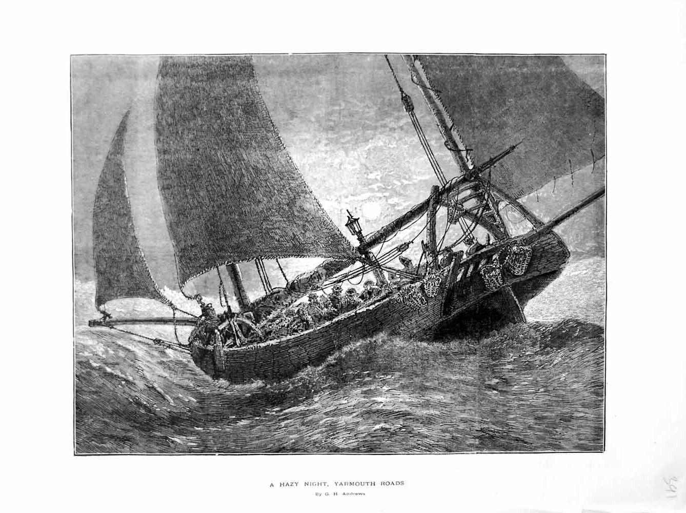 Original Old Antique Print 1872 Moonlight Ship Hazy Night Yarmouth Roads Sea