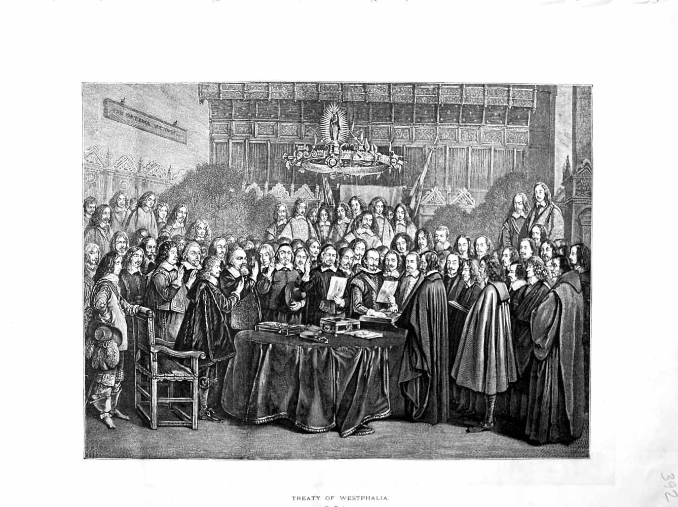 Original Old Antique Print 1872 Terburg Fine Art Scene Treaty Westphalia People