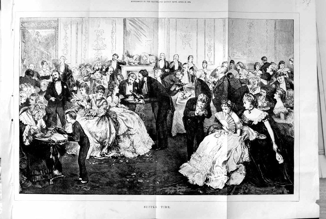 Original Old Antique Print 1872 Men Women Ball Supper Time ServantsVictorian